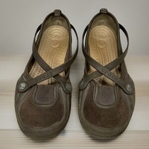 Crocs Mary Jane Celeste Shoes Womens Size 6 Brown Criss Cross Straps Slip On